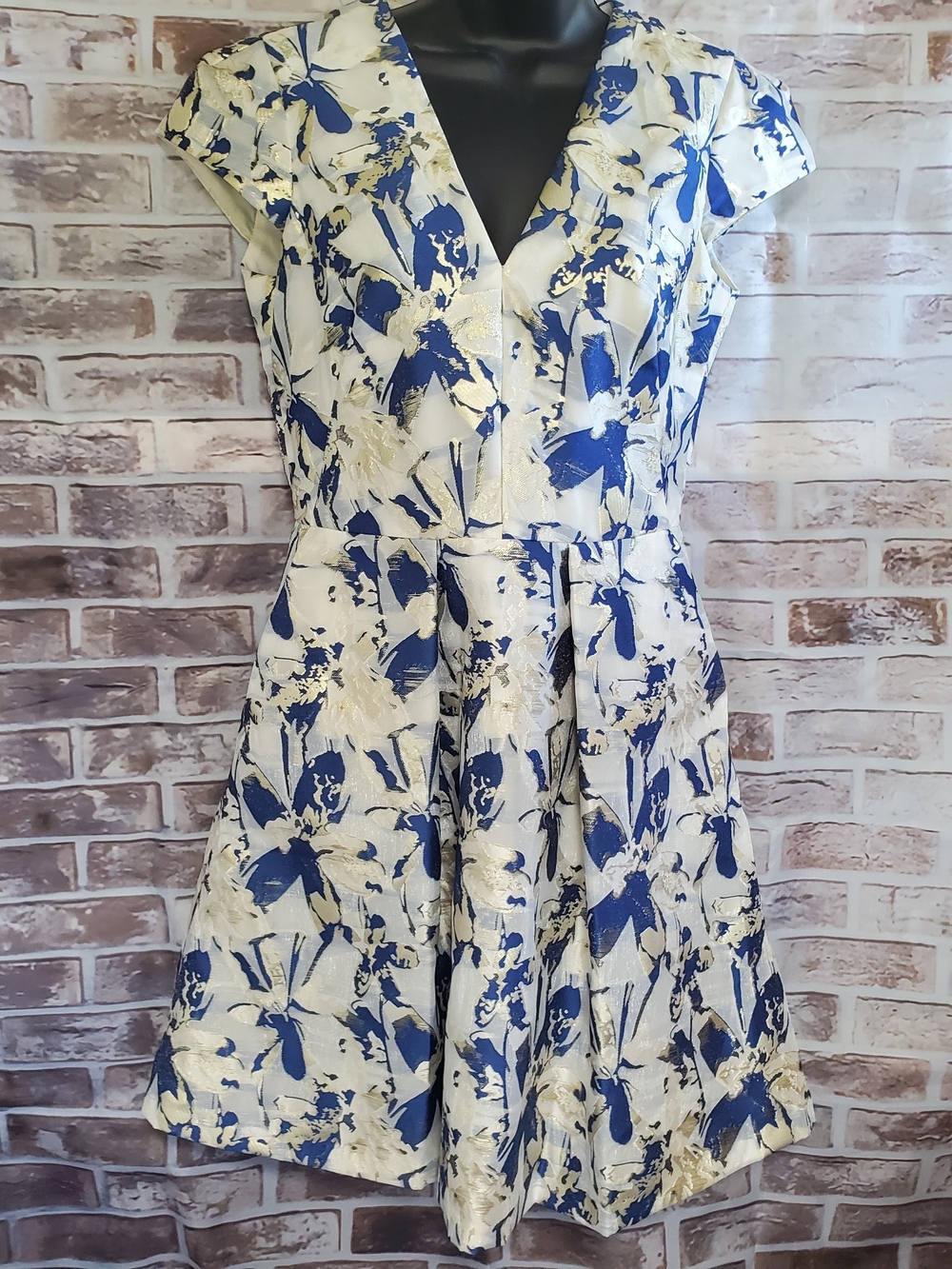 Vince Camuto Floral Fit & Flare Dress in Blue and Cream